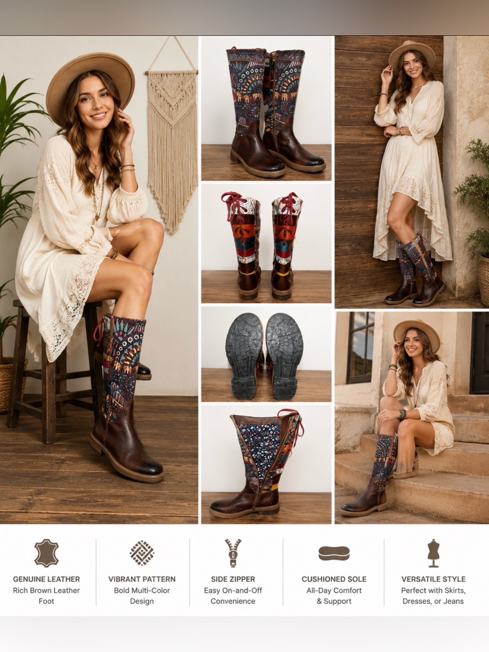 Tall Leather Tapestry Boots Women’s 39 (8.5) Boho Zip - Picture 10 of 10